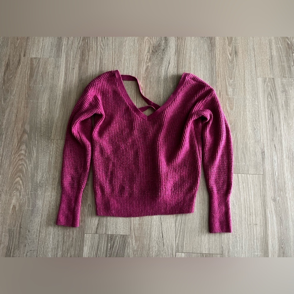 Anthropologie Maeve Cross Back Waffle Knit Sweater Fascia Pink Wool Blend XS - Picture 4 of 10